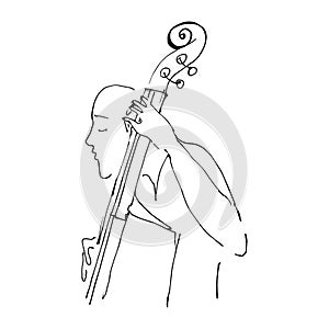 Continuous one line drawing of bass cello music instrument player. Girl playing classical double basses vector