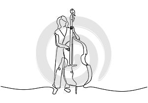 Continuous one line drawing of bass cello music instrument player. Girl playing classical double basses vector illustration cute