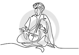 Continuous one line drawing of beautiful woman playing four-stringed Pipa musical instrument. Chinese traditional music