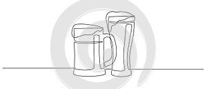 Continuous one line drawing of beer glass with foam. Craft drink alcohol ale in simple linear style for bar and pub