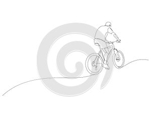 Continuous one line drawing of bicycle rider. Professional cyclist. Bike in the mountain. Extreme sport concept. Vector