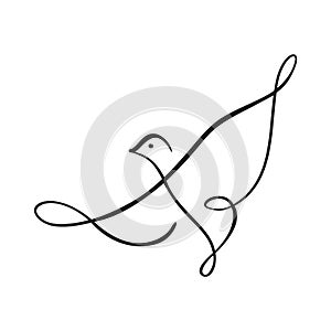 Continuous one line drawing bird. Flying pigeon logo. Black and white vector illustration. Concept for logo, card