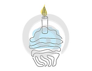 Continuous one line drawing of birthday cupcake with a lit candle. Minimalist festive dessert. Colored Vector isolated