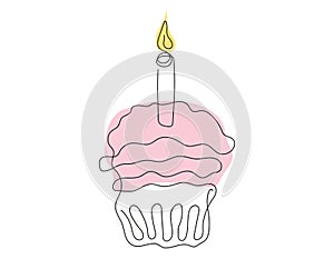 Continuous one line drawing of birthday cupcake with a single lit candle. Festive dessert. Colored Vector isolated on