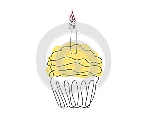 Continuous one line drawing of birthday cupcake with a single lit candle. Minimalist festive dessert. Colored Vector