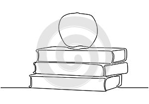 Continuous one line drawing of book with apple vector. Concept of study and education symbol object design