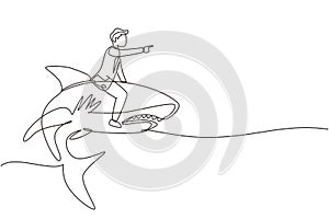 Continuous one line drawing brave businessman riding huge dangerous shark. Professional entrepreneur male character fight with