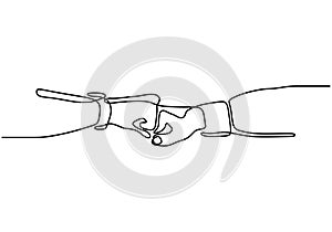 Continuous one line drawing of bro fist bump or pound lineart hands. Concept of brother giving a punch