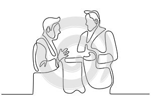 Continuous one line drawing of business meeting of two officer. Concept of CEO or boss talking their company