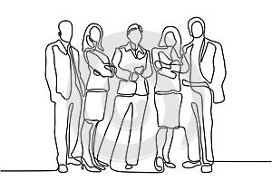 Continuous one line drawing of business people standing with gentle and confident pose. Minimalism design vector illustration
