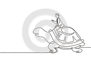 Continuous one line drawing businessman riding huge turtle. Slow movement to success, manager driving giant tortoise. Business