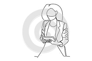 Continuous one line drawing of a businesswoman looking at the tablet computer. Hand drawn style line drawing for technology