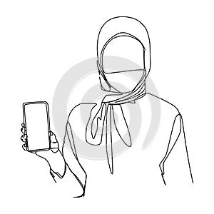 Continuous one line drawing of a businesswoman looking at the tablet computer. Hand drawn style line drawing for technology