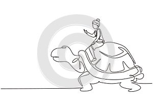 Continuous one line drawing businesswoman riding huge turtle. Slow movement to success, manager driving giant tortoise. Business