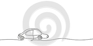 Continuous one line drawing car on road, Black and white minimalist single line transport vector