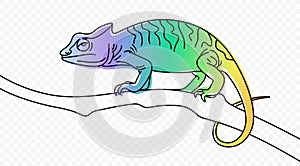 Continuous one line drawing of chameleon crawling along a tree branch vector design