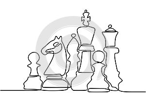 Continuous one line drawing of chess pieces. King queen chess board setup. Group of players tactic concept. Vector illustration