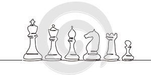 Continuous one line drawing of chess pieces. Set of king, queen, rooks, bishops, knights, and pawn. Minimalism design business