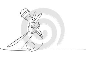 Continuous one line drawing child holding microphone on white background, closeup of hand. Mic with victory gesture. Karaoke kid