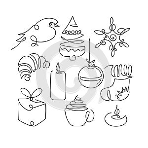 Continuous one line drawing Christmas design elements. Simple modern symbol by one line for Winter holidays, merry