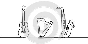 Continuous one line drawing. Classical music instruments. Vector illustration set of saxophone, acoustic guitar, and harp