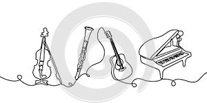 Continuous one line drawing. Classical music instruments. Vector illustration set of violin, clarinet, acoustic guitar, and piano