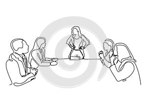 .Continuous one line drawing of company meeting with woman as a leader vector. Single minimalism sketch hand drawn concept of