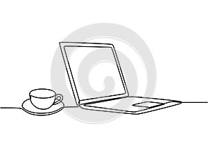 Continuous one line drawing of computer laptop and a cup of coffee or tea at business office desk minimalism design vector. Work