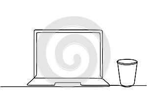 Continuous one line drawing of computer laptop and paper cup of coffee at business office desk minimalism design vector. Work