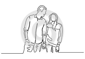 Continuous one line drawing of couple holding hands. Act of kindness theme of man and girl. Vector simpliciy design