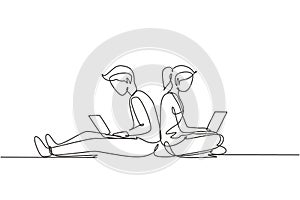 Continuous one line drawing couple with laptop sitting and lean on each other. Freelance, distance learning, online courses, and