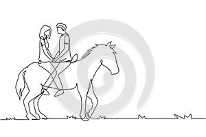 Continuous one line drawing couple riding horses face to face at sunset. Happy man making proposal marriage to woman. Engagement