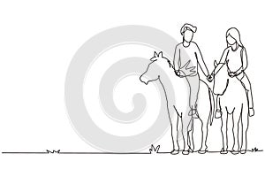 Continuous one line drawing couple riding horses hand in hand at sunset. Happy man making proposal marriage to woman. Engagement