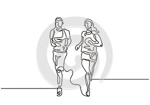 Continuous one line drawing of couple running minimalism. Sport theme vector illustration simplicity style