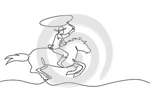 Continuous one line drawing cowboy on horse galloping across desert. Cowboy on bucking horse running with lasso. Cowboy with rope