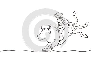 Continuous one line drawing cowboy riding wild bull for exciting rodeo show. strong and brave cowboy in hat join with rodeo