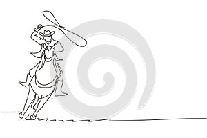 Continuous one line drawing cowboy with rope lasso on horse. American cowboy riding horse and throwing lasso. Cowboy on bucking