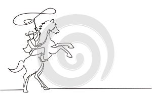 Continuous one line drawing cowboy throwing lasso riding rearing up horse. American cowboy riding horse and throwing lasso. Cowboy