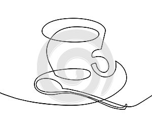 Continuous one line drawing - a cup of coffee with a teaspoon