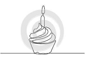 Continuous one line drawing of cupcake with candle