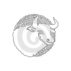 Continuous one line drawing of curved bull horns, abstract art in circle