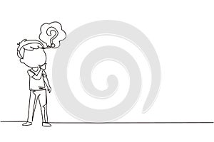 Continuous one line drawing cute boy thinking. Kids think creative idea. Bubble with question mark sign. Concept of learning and