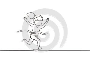 Continuous one line drawing cute girl run in race and win first place. Little kid running to finish line first, children physical