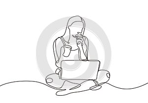 Continuous one line drawing of cute girl sitting with a laptop and coffee