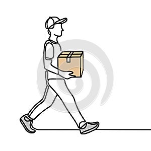 Continuous one line drawing delivery man with parcel box. Drawing of delivery man standing with parcel post