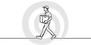 Continuous one line drawing delivery man with parcel box. Drawing of delivery man standing with parcel post