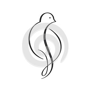 Continuous one line drawing dove bird. Flying pigeon logo. Black and white vector illustration. Concept for icon, card