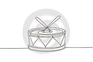 Continuous one line drawing drum with two sticks. Musical instrument, drumbeat, drumming. Drum music stick baby toys. Series of