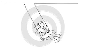 Continuous one line drawing. Elderly woman swinging on swing