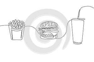 Continuous one line drawing fastfood French fries, hamburger and a glass of soda